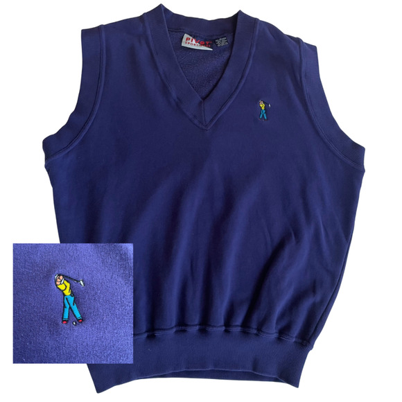 Vtg Golf Sweater Vest Navy Blue Embroidered Golfer Retro Grandpa Cotton 90s L - Picture 1 of 7